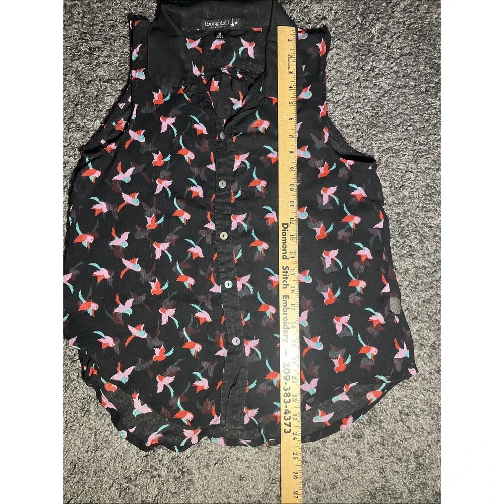 Living Doll Women's‎ M Sheer Black Bird Sleeveless Collared Button Up Top - Picture 5 of 8